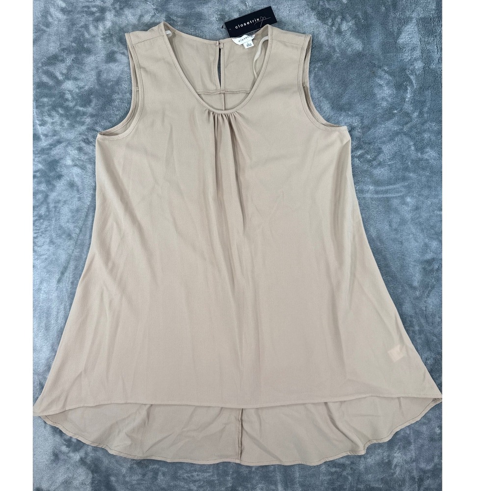 Closetrix Womens Tan High-Low Sleeveless‎ Tunic Top Pleated Scoop Neck NWT Large